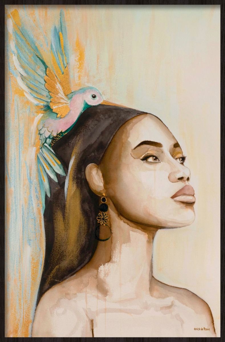 vrouw en vogel schilderij
